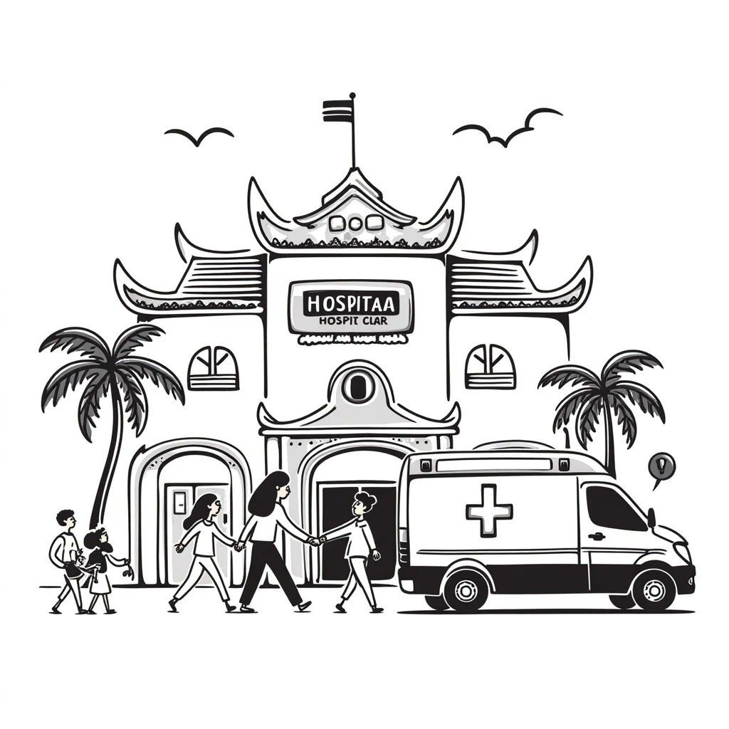 Busy Bangkok hospital exterior with ambulance and Thai architectural details emoji