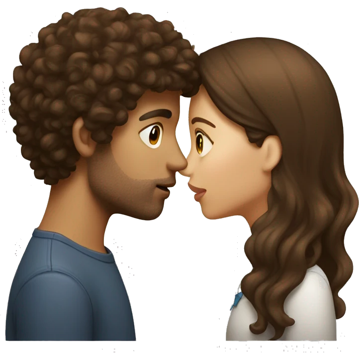 Girl with long straight brown hair kissing a guy with short curly brown hair emoji