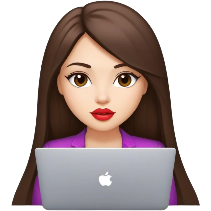 Glamour, with plump lips, beautiful sexy girl, with long straight brunette hair, with laptop emoji