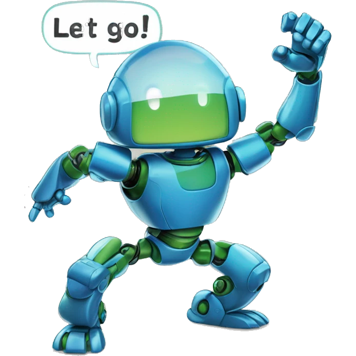 A comic panel with the  blue and green robot rabbit in a dynamic pose, speech bubble saying something empowering like "Let's Go!" or "Power Up! emoji