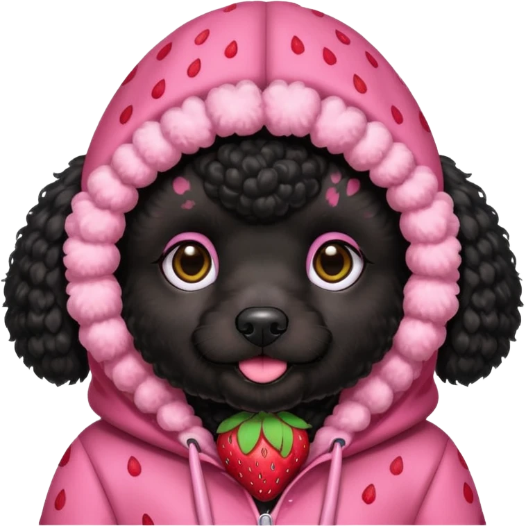 A black poodle puppy with a strawberry hood emoji