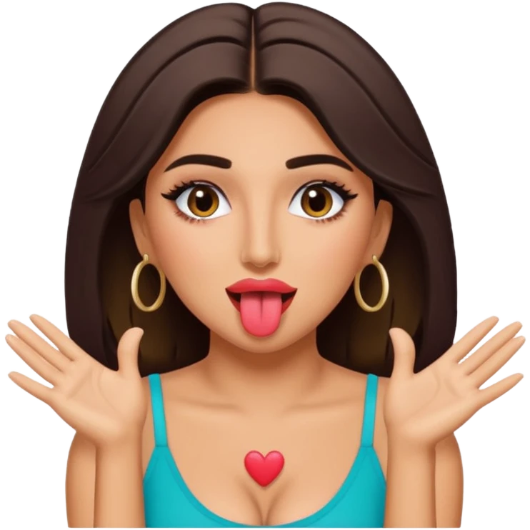 Huda from love island with her tongue out and both hands open to the side of her face emoji