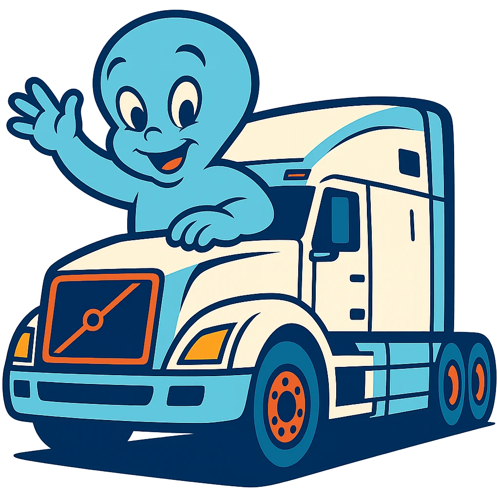 Make Casper the ghost much larger compared to the white semi truck in vibrant toon style, keep transparent background. emoji