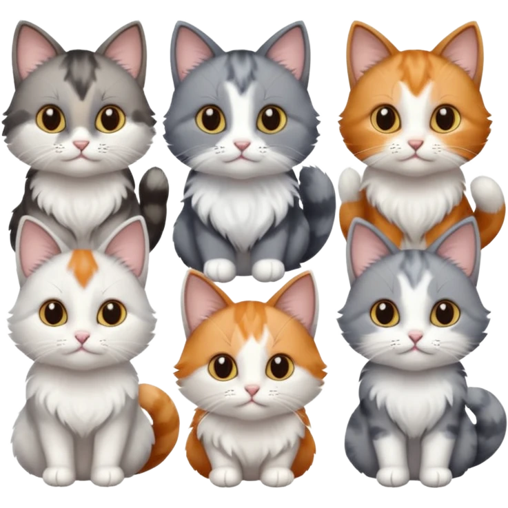 6 realistic looking cats with different natural coloured coats, assorted grey and white, greys, calico, brown and white colours etc
 emoji