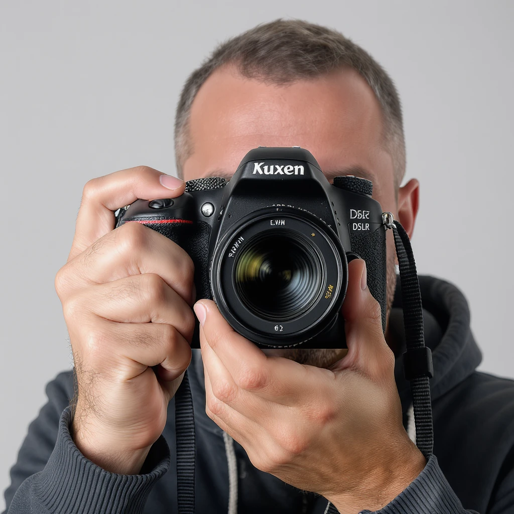 realistic portrait  of hand held dslr camera, studio quality, close up emoji