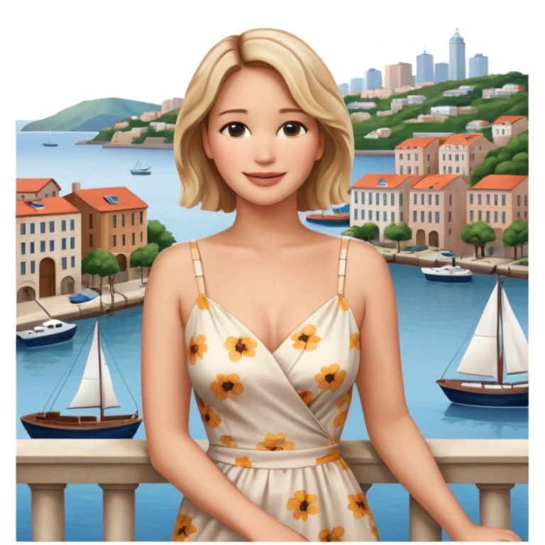 jennifer lawrence, closeup portrait , leaning on a balcony with a harbor and cityscape in the background, smiling emoji