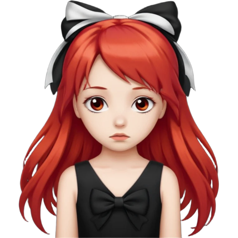 red long twin tail hair girl with black bow on her hair wearing black dress with a sad face emoji