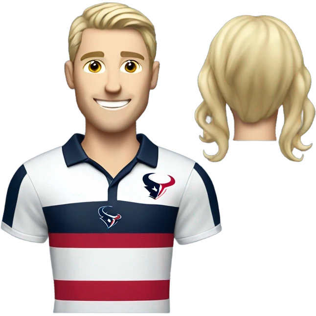 Skinny Caucasian male blonde combed over hair smiling wearing a Houston Texans polo emoji