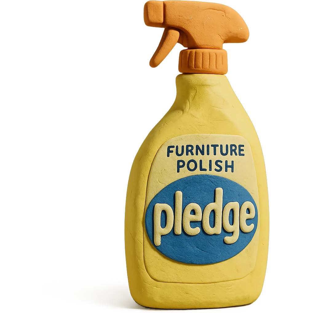 claymation style bottle of furniture polish inspired by Pledge, yellow and blue label, pastel colors, visible fingerprints, soft matte finish emoji