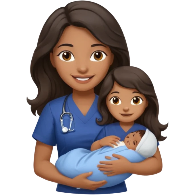 Female nurse smiling with long dark wavy hair with medium brown skin and brown eyes holding one new born with navy blue short sleeves emoji