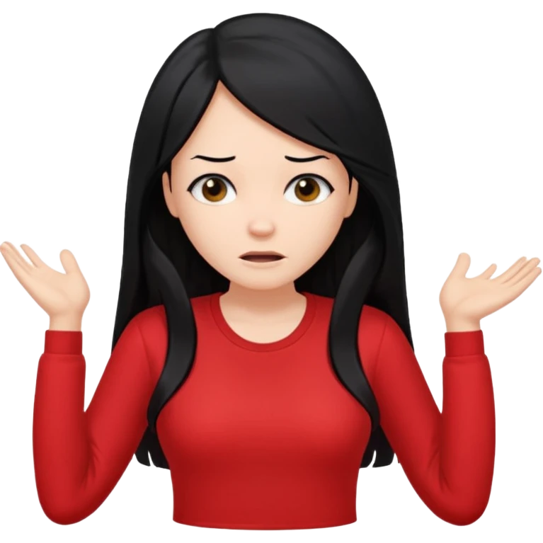 빨간색 티셔츠를 입고 긴 검정머리를 가진 여성이 모르겠다는 듯이 어깨를 올리고 고개를 갸우뚱한 제스처를 하고있음 🤷🏻‍♀️ emoji