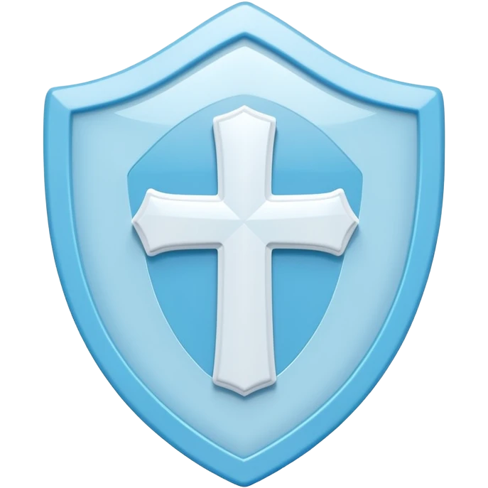 A cute 3D render icon of a protective shield. Rounded edges, plump, glossy plastic material. Sky blue and white color palette. A subtle, soft white cross or heart symbol embossed in the center. Clean studio lighting, soft shadows. Isolated on a light pastel background. Minimalist design. emoji