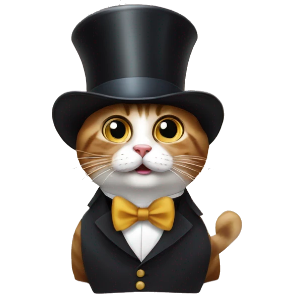 A surprised cat with a mustache and a top hat, a cup tea with big surprised eyes, an Englishman  emoji