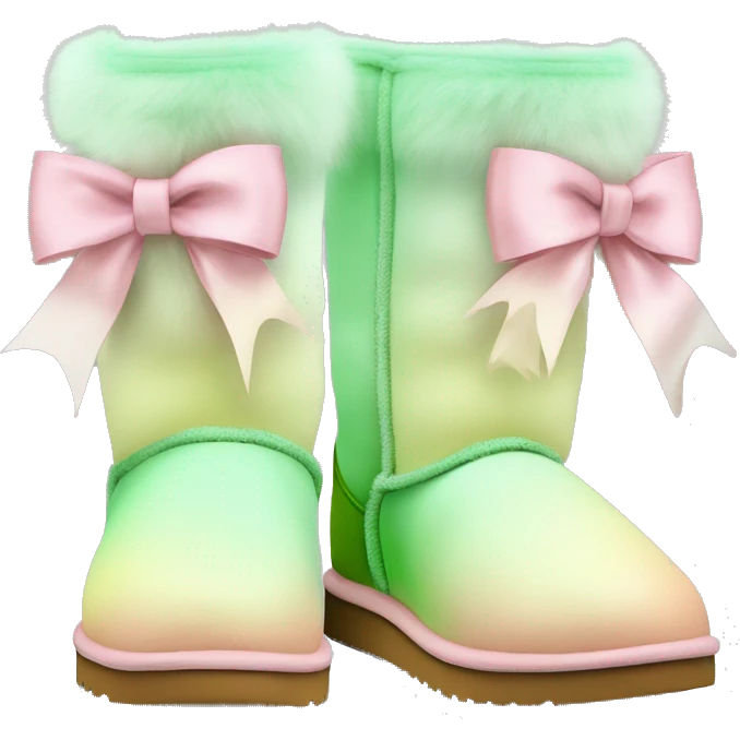 Realistic pair of pastel green,pastel yellow,and pastel pink ombre Ugg fur boots with silk ribbon bows. emoji
