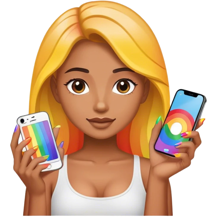 A person holding a phone with rainbow nails emoji