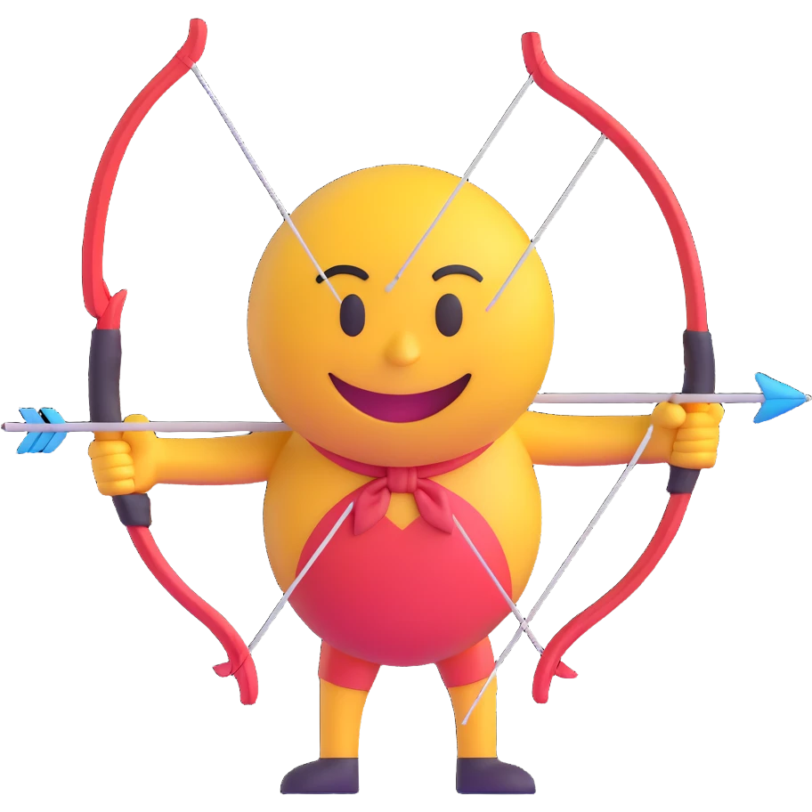 3D smiley emoji, round shape, holding bow and arrow, sporty face, transparent background (archery) emoji