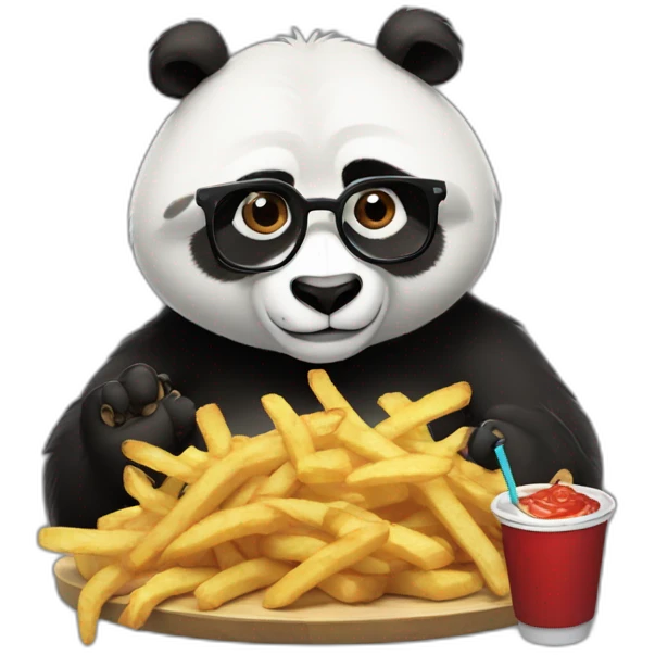 Kung Fu Panda with glasses working seriously on macbook and having fries and coke emoji