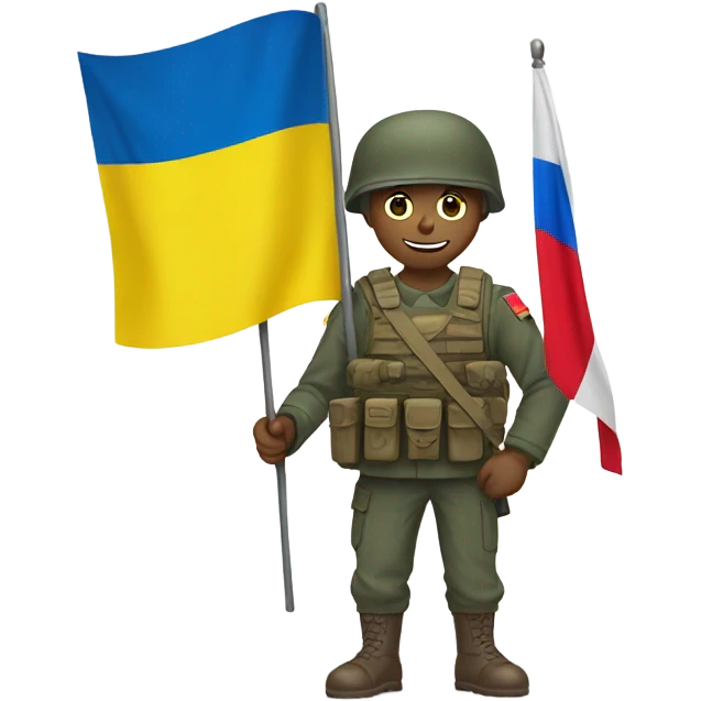 a soldier who holds the Russian flag in one hand and the Ukrainian flag in the other hand emoji