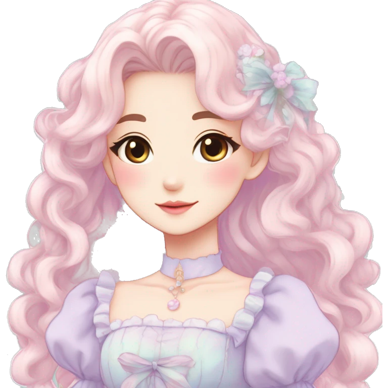 Gorgeous pastel anime style lady with blushing face and a dress cottagecore fairycore pastelcore colorful pearly romantic simplistic aesthetic trending style emoji