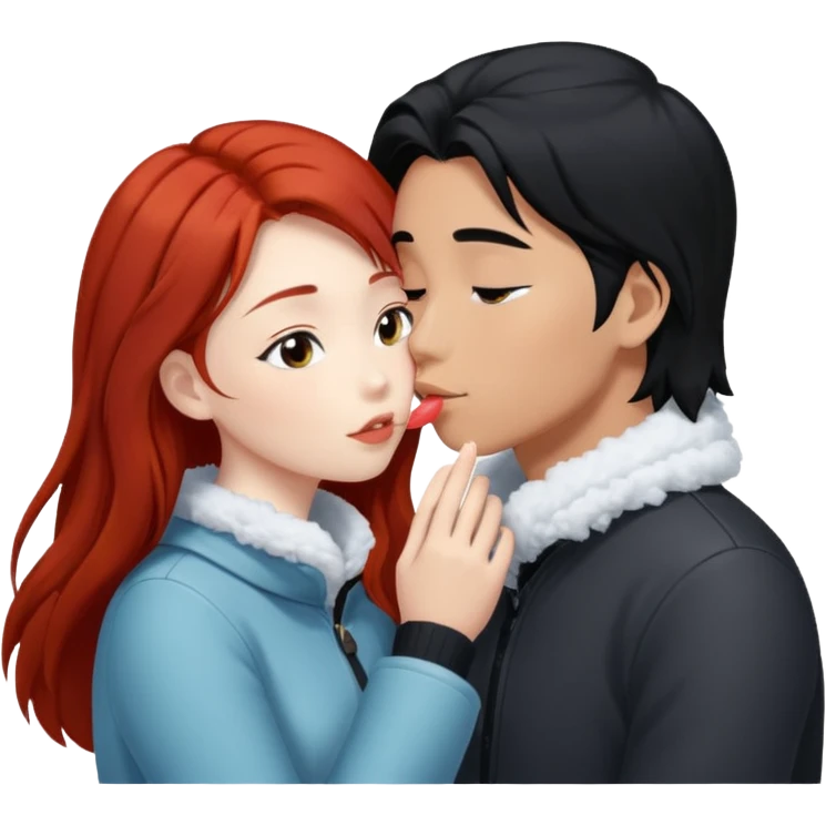 long black haired asian guy kissing redhead girl in snow emoji