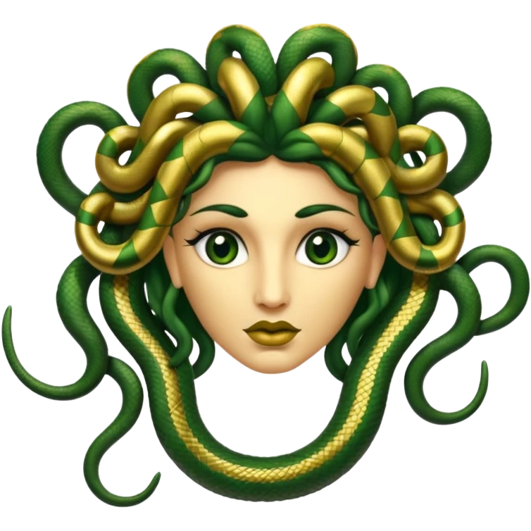 The Sicilian Medusa in gold and green and make the snake hair have snake faces  emoji