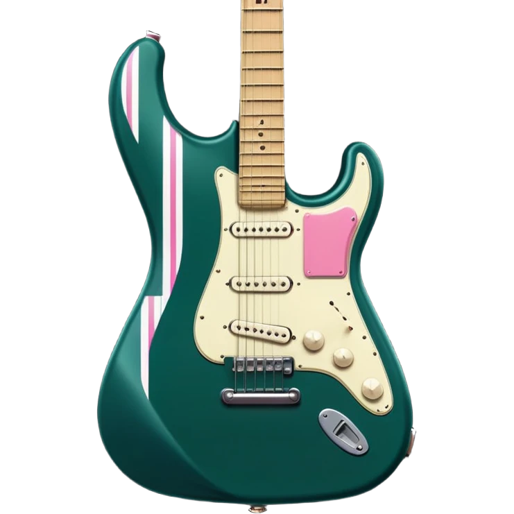 minimalist electric guitar in dark green with pink and blue stripe decal, closed inside a black rectangular hard case with gold latches, flat semi-3D style, soft matte textures, simplified details, stylized decal accent emoji