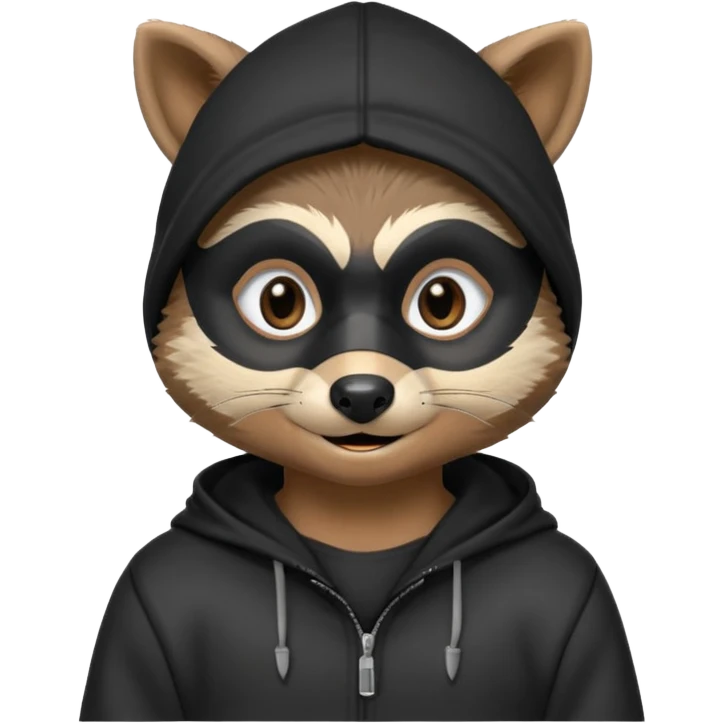 thief raccoon portrait, head and shoulders only, black burglar mask markings, sneaky smile, dark hoodie collar, mischievous eyes, 3D cartoon, mobile game icon style, clean background, no text, no watermark
 emoji