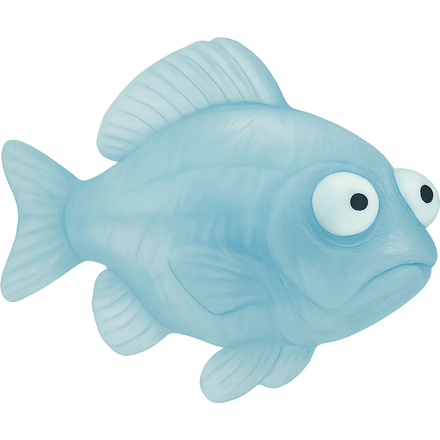 Make the fish's body even more transparent so you can clearly see through it. The fish should be facing directly to the side (90 degrees from the camera), no tag, semi-transparent blue plastic, eyes derpy and going in opposite directions. No background. Hyper-detailed, soft plastic 90's toy look, soft reflections, soft and squishy, some cloudiness, not shiny, highly detailed, appealing. Render in a style that looks like a soft, semi-transparent blue plastic toy from the 90's with soft reflections and a squishy, cloudy texture, not shiny. emoji