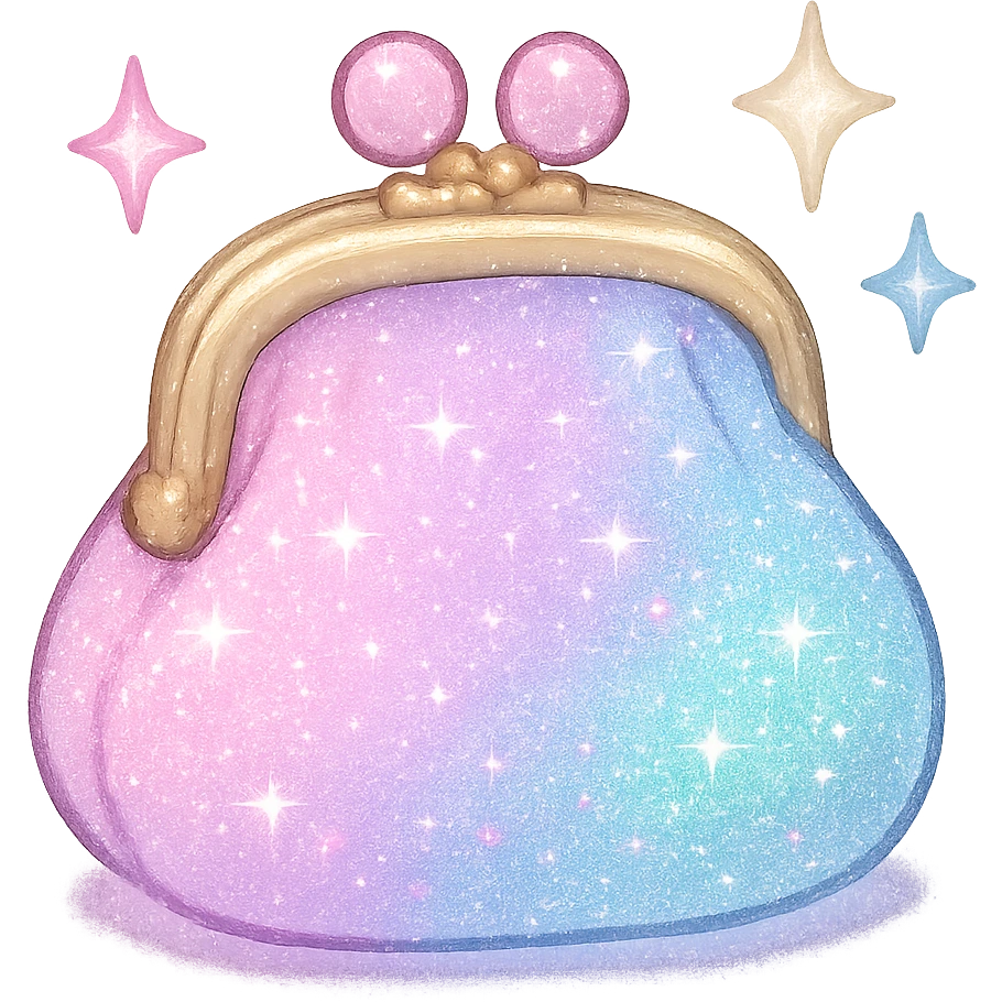 girly sparkling coin purse, pastel colors, cute, shiny emoji