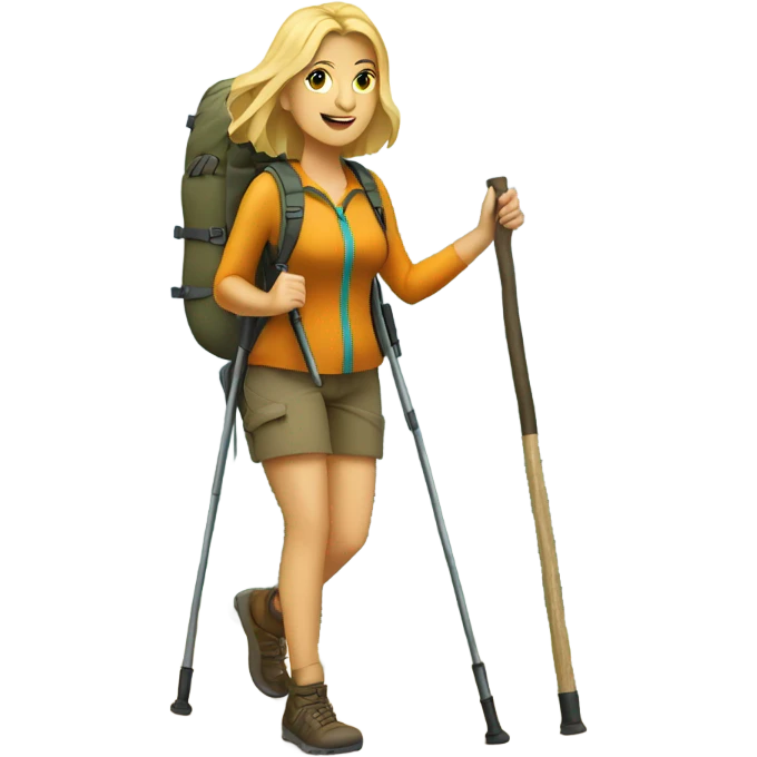 Blond haired woman hiking full body with hiking sticks emoji