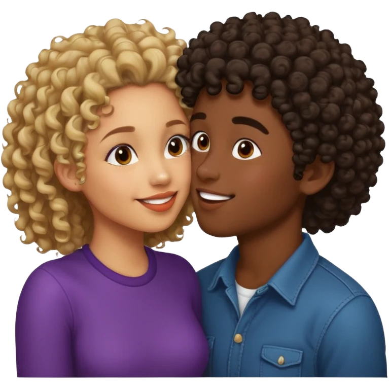 Lightskin boy with curls and a dark skin girl with straight hair kiss emoji