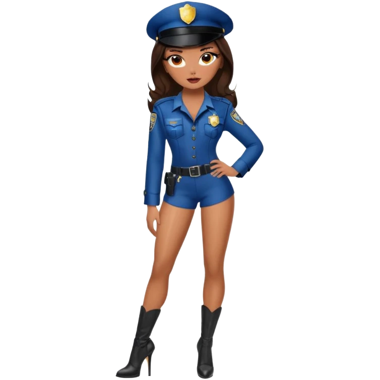 A sexy bratz girl. with caramel skin. Dark brown hair and brown eyes. She has freckles. Wearing sexy makeup. Dressed as a sexy cop. wearing lingerie. Wearing heels on her feet emoji