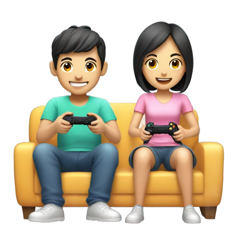 Cute Asian Couple sitting together and having fun playing video games emoji