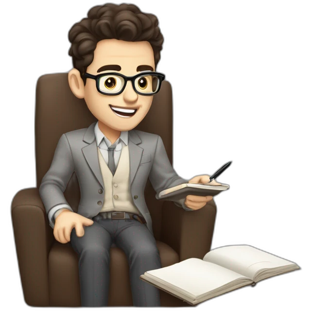 Pale skinned Fit Man With dark brown hair in gray jacket, beige office shirt, Brown pants and vintage glasses sitting In a soft chair with a notebook and a pen Fooling with his tongue emoji