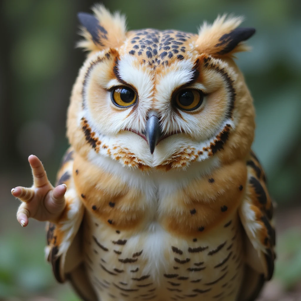 lifelike owl with soft brown and white feathers, smiling gently and making the saranghae sign, natural background, realistic and detailed emoji