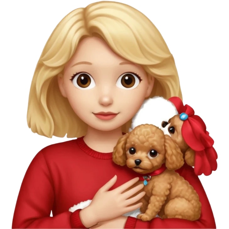 Blonde girl hugging a apricot female toy poodle and small red male toy poodle puppy emoji