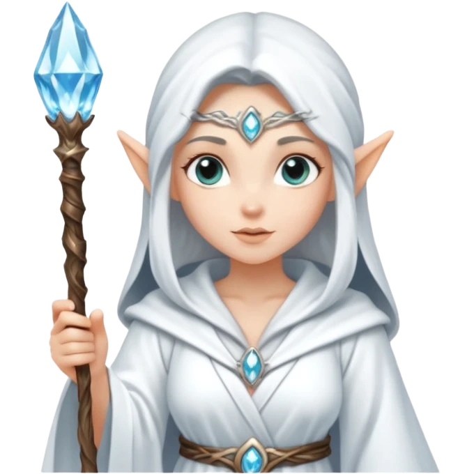 {
      "type": "human",
      "look": "snow elf sorceress, white robe, silver staff, ice gem top",
      "description": "a snow elf sorceress in a white robe with a silver staff topped by an ice gem"
    } emoji