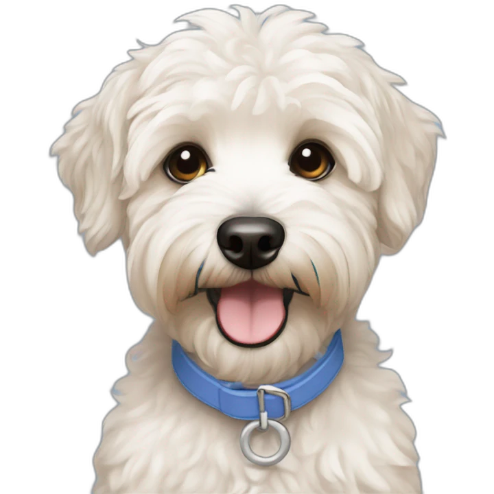 blue eyes smiling maltipoo with cream wheatin terrier smiling emoji