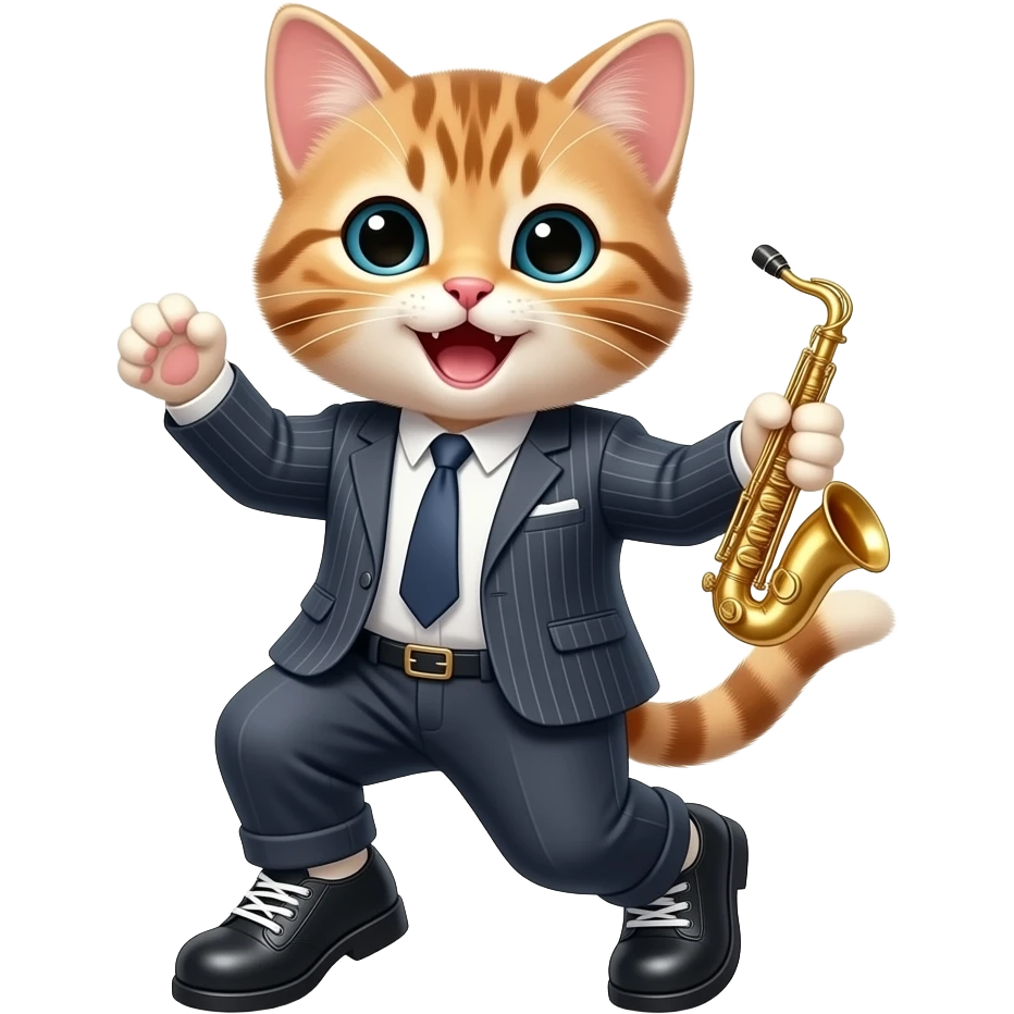 A giggling kitten dancing on Broadway with jazz shoes emoji