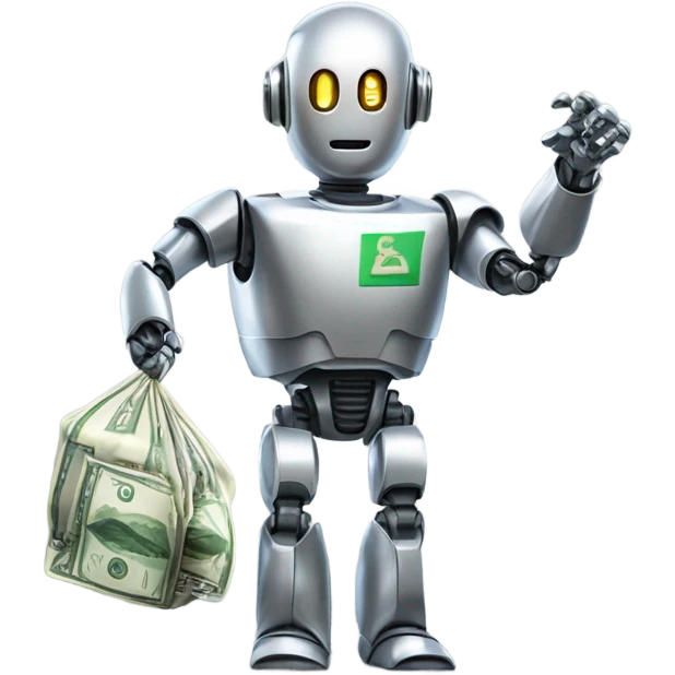 A robot holding a bag of money, symbolizing automated promotion. emoji