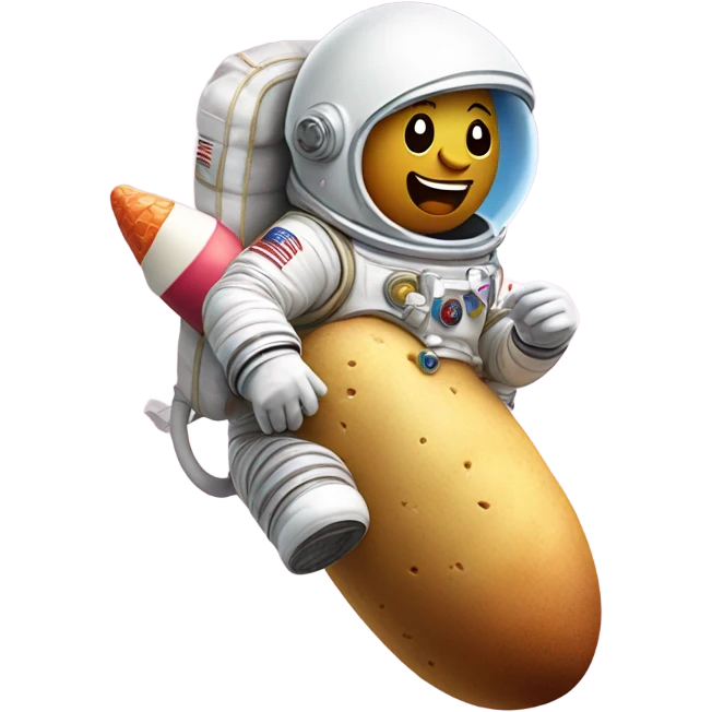 Astronaut riding a rocket made out of a potato while eating ice cream emoji