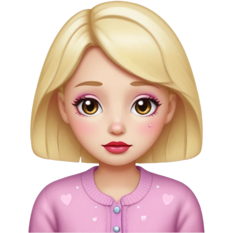 “Emoji girl, dewy skin, heavy blush across cheeks and nose bridge, glossy cherry lips, soft puppy eyeliner, teary sparkling eyes, pastel cardigan.” emoji