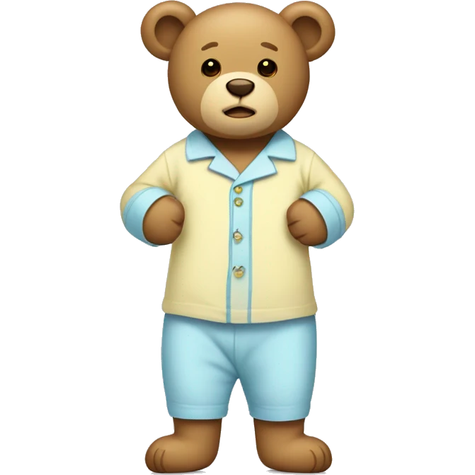 Light brown teddy bear with a light blue Pyjamas, with two light yellow buttons on the pyjamas emoji
