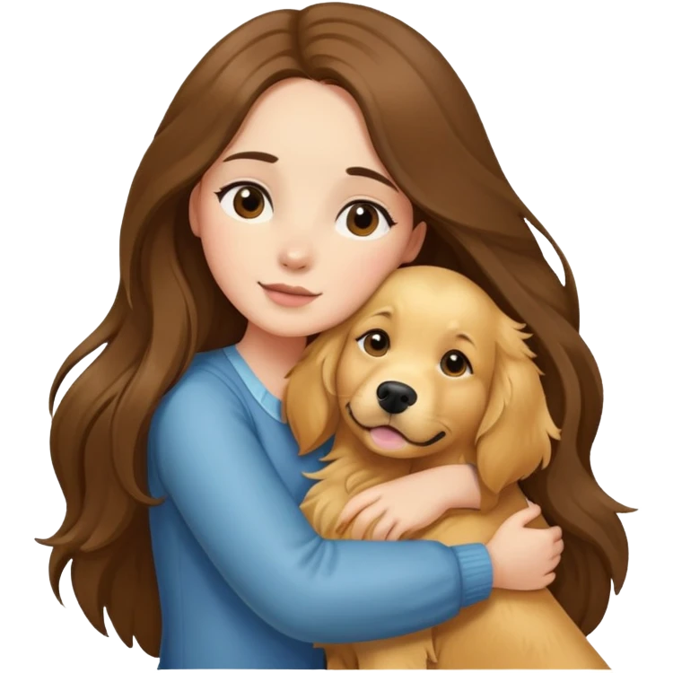 Brunette girl long hair, hugging her Golden Retriever emoji