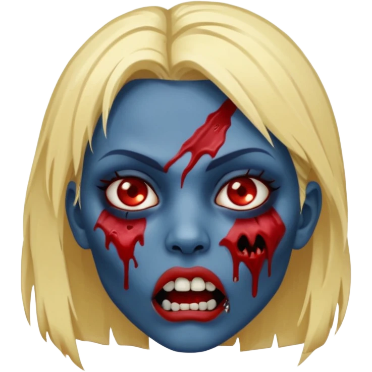 zumbi feminino com cortes no rosto, olhos baixos e vermelhos, cabelo loiro e rosto azul escuro, boca e olhos sangrando emoji
