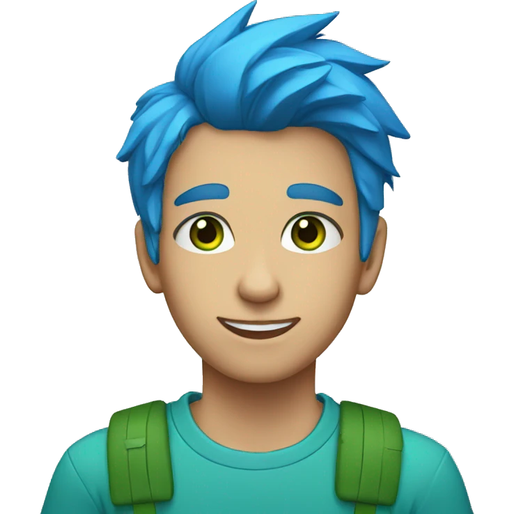 A teenager of a bright blue hair and green eyes with a blue t-shirt emoji