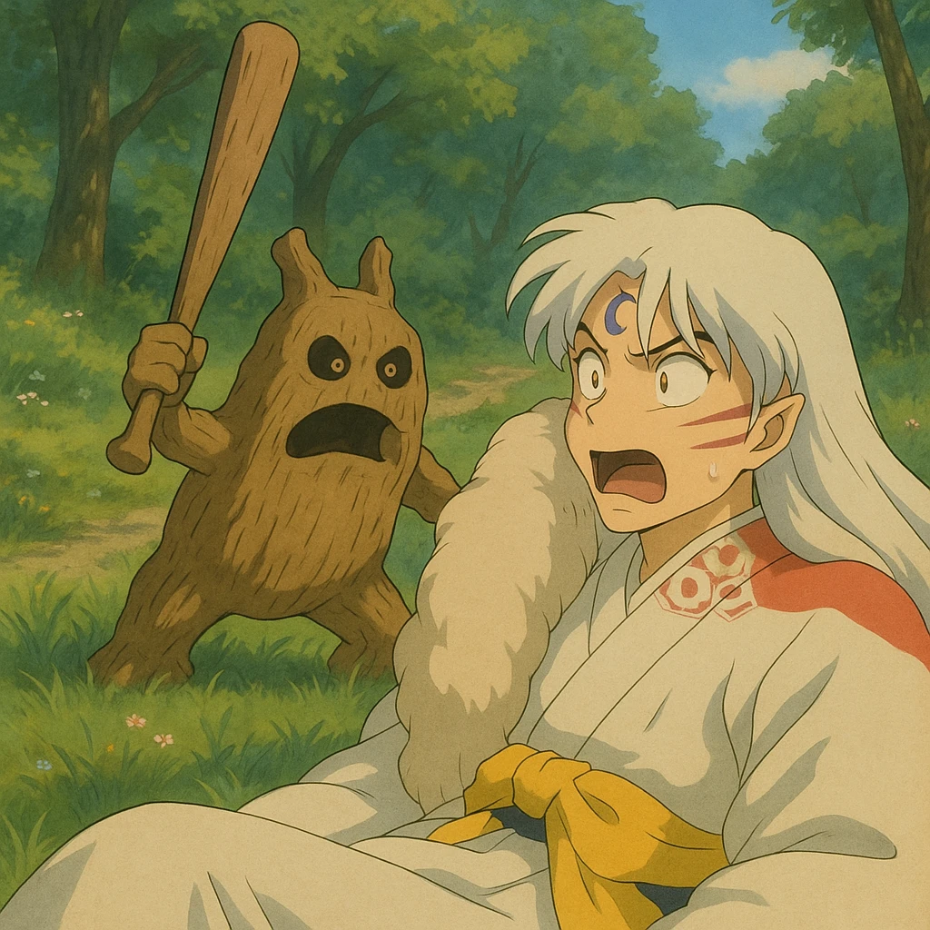 Wooden creature holding a baseball bat and scaring sesshomaru While he is sleeping We are shocked emoji