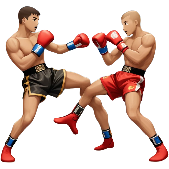 An icon showcasing a high-energy kickboxing match. Two fighters in action, one delivering a powerful roundhouse kick while the other defends with gloves raised. The background features a professional ring with bright lights and a cheering crowd. Transparent background. emoji