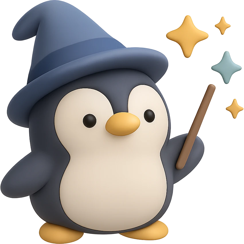 A cute penguin in wizard hat casting magical spells with a wand emoji