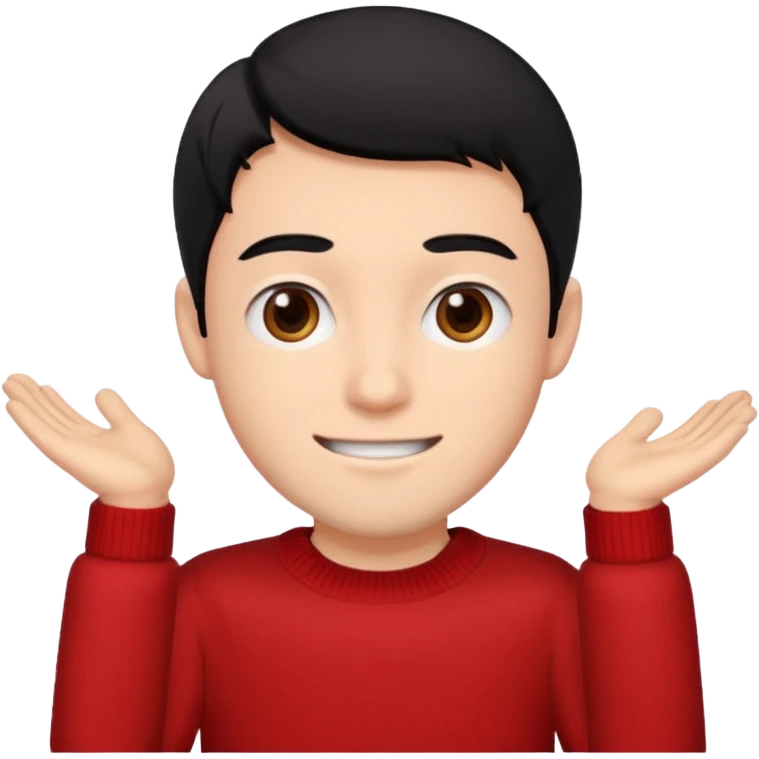 emoji of a guy with a red sweater, brown eyes, and black hair, cheerful expression emoji
